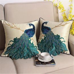 Pillow High End Satin Cover Living Room Decoration Peacock Embroidery Turquoise Blue Case Imitation Silk Covers