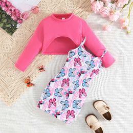 Clothing Sets Clothing Set For Kid Girl 2-7 Years old Long Sleeve Top Butterfly Print Suspenders Skirt Princess Dresses Summer Outfit For GirlL2405