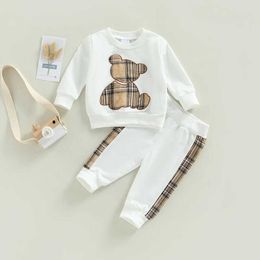 Clothing Sets 2022-09-27 Lioraitiin 0-24M Newborn Baby 2Pcs Autumn Set Long sleeved Plain Bear Pattern Pullup Top and Pants SetL240513