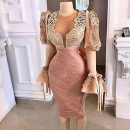 Little White Dress Long Sleeve Sheer o-neck African Women Party prom Night Autumn celebrity Dubai Rose Pink lace Cocktail evening Dress 219R