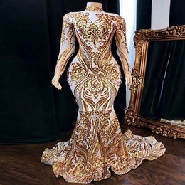 2020 vestidos de fiesta Prom Dresses Long Sleeve High Neck Gold Sequined White Satin Lace African Women Party Dress 359e