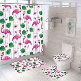 Shower Curtains Pink Flamingo Tropical Leaves Curtain Sets Non-Slip Rugs Toilet Lid Cover Bath Mat Flower Plant Animal Bathroom