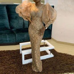 Aso Ebi Vintage Gold Lace Evening Dresses 2021 New Mermaid Floor Length Puffy Long Sleeves African Women Formal Dress Prom Gowns 1864
