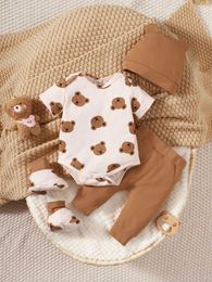 Clothing Sets 4-piece fashion bear printed short sleeved tight fitting suit for 0-9 month old newborn baby boys+pants+hat+socks Cute baby photo setL2405