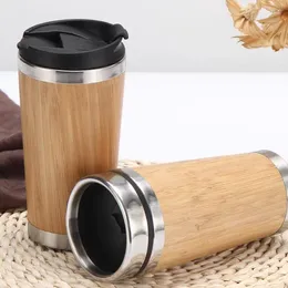 Mugs 450ml Stainless Steel Car Cup Can Be Reused Bamboo Cups Coffee Mug With Cover Drinkware SN162