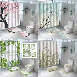 Shower Curtains Cherry Blossoms Fabric Bathroom Curtain Sets Flower Green Leaves Anti-skid Rug Carpet Toilet Lid Cover Bath Mats