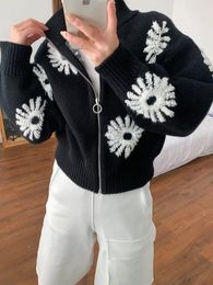 Women's Knits Spring 2024 Women Knit Sweater Daisy Embroidered Zipper Turtleneck Long Sleeve Female Black Short Jumper Cardigan