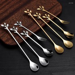 Spoons Stainless Steel Coffee Tea Milk Fruit Fork Leaves Shaped Honey Dessert Spoon Teaspoon European Style Ice Cream