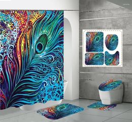 Shower Curtains Colorful Feather Peacock Curtain Sets Boho Tribal Rugs Toilet Lid Cover Bath Mats Bathroom Decor Animal Baths