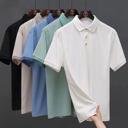 High quality ice silk solid color polo shirt for mens summer thin lapel top breathable T-shirt short sleeved street clothing 240430