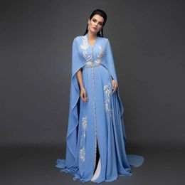 2021 Blue Plus Size Arabic Aso Ebi Sexy Chiffon Caftan Prom Dresses Embroidery Crystals Evening Formal Party Second Reception Gowns Dre 2459