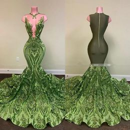 Green Sparkly Sequin Lace Mermaid Long Prom Dresses 2022 Sexy See Through Sleeveless African Women Black Girl Evening Gala Gowns 287A