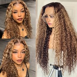 Highlight Ombre 13x4 Wig Human Hair Pre Plucked HD Transparent 4/27 Honey Blonde Lace Frontal Wigs With Baby Hair 200% Density Coloured Water Wave Lace Front Wig