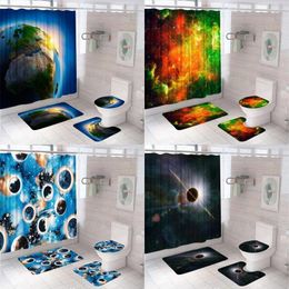 Shower Curtains Outer Space Decor Curtain Set Galaxy Colourful Starry Sky Planet Earth Bathroom Non-Slip Bath Mat Rug Toilet Cover