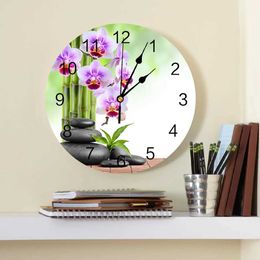 Wall Clocks Bamboo Orchid Zen Stone Flower Decorative Round Wall Clock Arabic Numerals Design Non Ticking Bedrooms Bathroom Large Wall Clock
