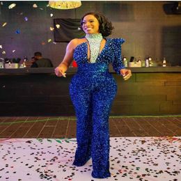 2021 Plus Size Arabic Aso Ebi Royal Blue Sparkly Prom Jumpsuits Dresses Beaded Sequined Sheath Evening Formal Party Second Reception Go 191d
