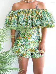 Women's Tracksuits Retro Spring And Summer Floral Shoulder Bubble Sleeve Short Tube Top High Waist Shorts Fashion Two-piece Suit