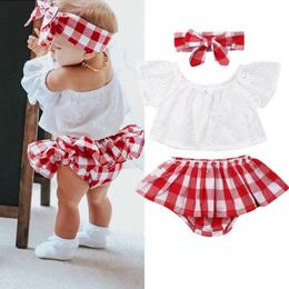 Clothing Sets Lioraitiin 3Pcs set 0-24M newborn baby girl clothing cute summer shoulder lace top+red plain short skirt headband setL2405