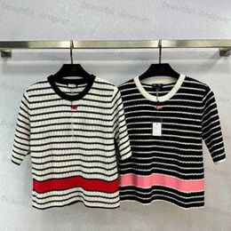 Designer women's Tshirt Early Spring New Sweet and Versatile Slimming Double Small Label Colour Block Stripe Knitted Short sleeved Top