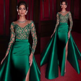 Elegant Mermaid Evening Dresses 2022 Green Formal Dress Long Sleeves Satin Sexy Slit Beads Party Prom Gowns vestidos de noiva 223Z