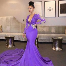Africa Black Girl Purple Prom Dresses 2021 Sexy Deep V Neck Beaded Lace Appliques Evening Gown Long Sleeves Formal Party Dress AL7993 244T