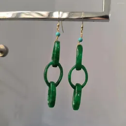 Dangle Earrings 1pcs/lot Natural Emerald Ear Hook Miss S925 Sterling Silver Blue Turquoise Dark Green Circle Pendant Folk-custom Taki