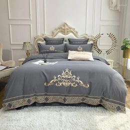 Bedding Sets Luxury Gray Satin Pure Cotton Sanding European Style Embroidery Set Duvet Cover Bed Sheet Pillowcases Home Textiles