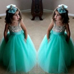 Cute Turquoise Green Flower Girls Dresses Spaghetti Birthday Gowns Straps Crystal Beaded Tulle Toddler Pageant Dresses For Girls 306G