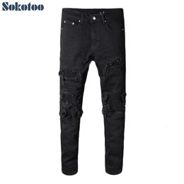 Sokotoo mens black patch stretch denim bicycle jeans suitable for motorcycles slim fit tight fitting tear pencil pants 240508
