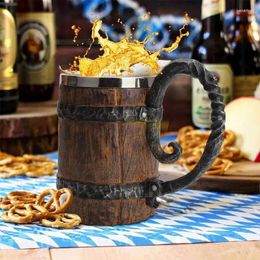 Mugs Viking Drinking Cup Wooden Barrel Beer Mug Reusable Leak-proof Coffee Stainless Steel Tea With Handle Mediaeval Drinkware