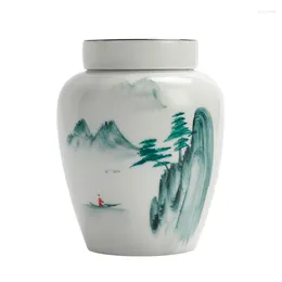 Storage Bottles Cyan Ceramic Sealed Jar Tea Box With Lid Landscape Flower Coffee Home Porcelain Decorative Kitchen Container