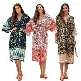 Women Summer Open Front Kimono Cardigans Beach Vacation Swimsuit Cover Up Sun Protective Flower Shawl Dress With Belt
