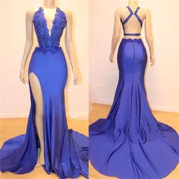 Navy Blue Mermaid Long Prom Dresses V Neck Applique Sequins Split Evening Gowns Criss Cross Backless Formal Party Dress BC1153 290x