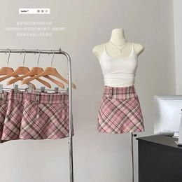 Womens Pink Plaid A-line Skirt Vintage Y2k Mini Skirt Harajuku Korean Preppy Style Skirts Aesthetic 2000s Clothes Summer 240513