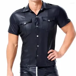 Men's Casual Shirts Mens Faux Leather Short Sleeve Cool Button Up T Shirt Nightclub Stage Costumes Latex Tops Uniforms Dance Clubwear