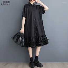 Party Dresses Ruffles Hem Solid Black 2024 Summer Korean Style Woman Casual Shirt Dress Loose Fit Girls Cute Wear Large Robe JJXD769