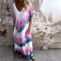 Party Dresses 2024 Spring Gradient Tie-dye Print Long Dress Women Sexy V Neck Side Split Summer Short Sleeve Loose Boho Maxi