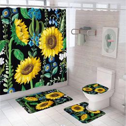 Shower Curtains 4Pcs Flowers Sunflower Curtain Sets Modern Country Scenery Bathroom Non-Slip Bath Mat Pedestal Rug Toilet Covers