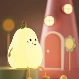 Creative Mini Cute Cartoon Pear Shaped Pat Light Bedroom Lamp Soft Silicone Rechargeable Night Light for Kids 240507