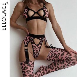 Sexy Set Ellolace Leopard Lingerie With Stocking Cut Out Bra Sensual Brief Sets 4-Piece See Through Lace Fancy Underwear Garter Intimate Q240511