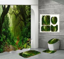 Shower Curtains Primaeval Forest Natural Scenery Outdoor Landscape Bathroom Curtain Tree Path Wild Plants Rug Toilet Bath Mat Set
