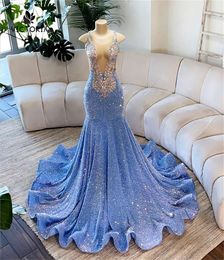 Pretty Blue Spaghetti Black Girl Prom Kleid für spezielle Kristall Gillter Meerjungfrau Geburtstagsempfangskleid Robe de Bale