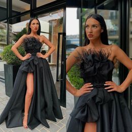 Black Prom Dresses Strapless Satin Feather A Line High Split Evening Dress Custom Made Sweep Train Formal Party Gowns Cocktail Dress 2431