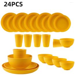 Plates 24Pcs Plastic Dining Plate Bowl Cup Tableware Set For 6 People Dinner Dessert Outdoor Camping Party