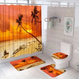 Shower Curtains Ocean Sunset Curtain Sets Non-Slip Rug Toilet Cover Bath Mat Beach Tropical Palm Tree Coastal Wave Scenery Bathroom Decor