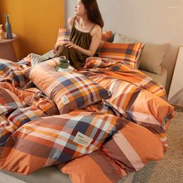 Bedding Sets 4pcs Orange Striped Set Printed Bed Sheet Flat Skirt Spread Cover Cotton Quilt King Twin Size