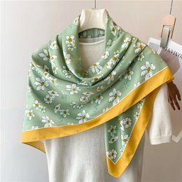 Scarves 2024 Luxury 90 90cm Flower Print Silk Scarf Women Fashion Shawl Bandanna Hijab Foulard Ribbon Neckerchief Wraps