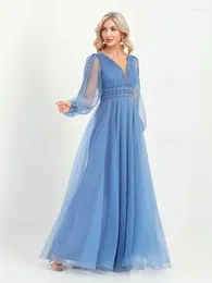 Party Dresses XUIBOL Elegant Tulle Blue Evening Dress Women Chiffon Long Sleeve V-Neck Maxi Floor-Length Gown 2024 Aline Bridesmaid Prom