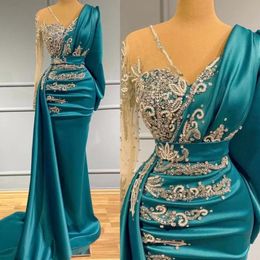 Teal Blue Mermaid Prom Formal Dress with Long Sleeve 2022 Pleated Stain Beaded Arabic Aso Ebi Evening Gowns vestidos de gala 238n
