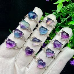 Natural crytsal stone heart shape Rings Rainbow fluorite Cute Present Adjustable Size Free Ring